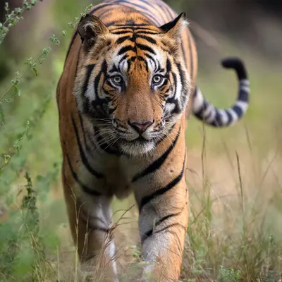 A large male tiger confidently patrols his territory in Bandhavgarh Tiger Reserve. This classic portrait showcases the sheer presence and power of these apex predators.