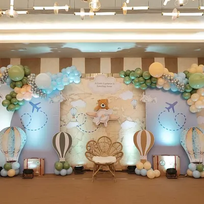 A full view of our 'Little Explorer is Landing Soon' theme. This setup features a vintage world map, hot air balloons, and adorable teddy bear pilots, creating an immersive experience for a travel-inspired baby shower.