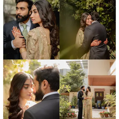 A collage of regal moments from an elegant engagement session. It showcases a variety of poses, from classic portraits to candid embraces, all set within a beautiful garden that complements the couple's sophisticated style.
