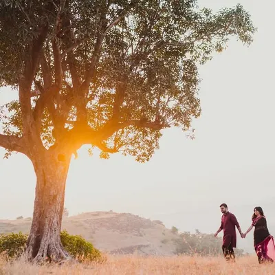 A couple walks hand-in-hand under a magnificent tree as the sun sets behind them, casting a beautiful golden glow. This is the essence of a golden hour pre-wedding shoot.