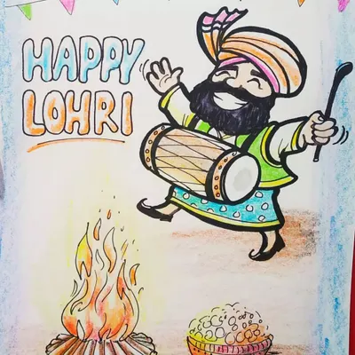 A colorful and cheerful cartoon I drew to celebrate the festival of Lohri. It features traditional elements like the dhol, bonfire, and popcorn to capture the festive spirit.