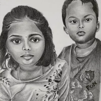 A custom pencil sketch of two siblings, commissioned as a special gift. I focus on capturing the unique bond and individual personalities to create a piece your family will treasure.