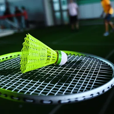 A close-up of a shuttlecock resting on a badminton racket, with players rallying in the background. It's the small details that make the game.