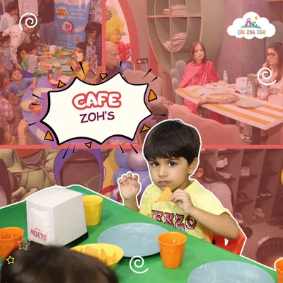 Welcome to Cafe Zoh's, where we serve up happy tummies! This collage shows our cafe seating for parents and a little one enjoying some tasty snacks during a party.