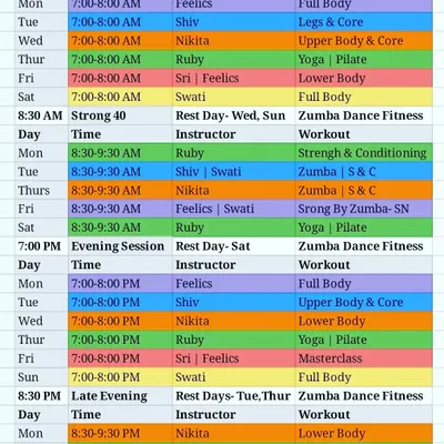Here is our detailed weekly schedule. We offer a mix of Zumba, Strength & Conditioning, Yoga, and Pilates across morning, evening, and late-evening sessions to fit your lifestyle.