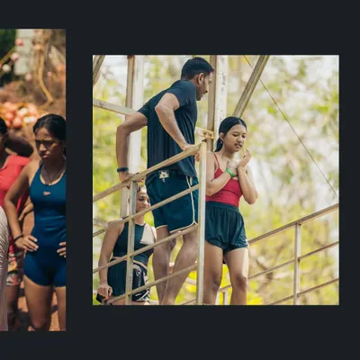 Participants listen intently during the Water Safety & Dive Clinic. Learning how to fall and enter the water correctly is a crucial first step for all climbers at the event.