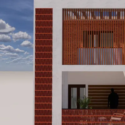 A design detail of a residential building facade featuring terracotta jali work. This traditional material not only adds aesthetic warmth and texture but also provides natural ventilation and shade, blending heritage with modern architectural needs.