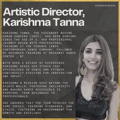 Meet the visionary behind Urban Dancera, our Artistic Director Karishma Tanna. This graphic shares my journey, from starting dance at age 6 to training at the Broadway Dance Center in NY, and my mission to make dance accessible to everyone.