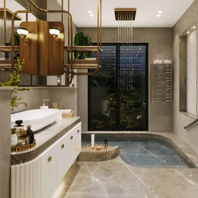 I designed this bathroom as a private spa-like sanctuary. It features a custom sunken tub with a cascading rain shower, warm ambient lighting, and a seamless connection to the outdoors to turn daily rituals into moments of indulgence.