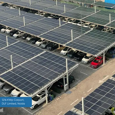 Our 1216 KWp solar carport installation for DLF Limited in Noida. This project demonstrates our ability to transform underutilized spaces like parking lots into valuable energy-generating assets, providing shade and clean power simultaneously.