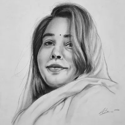 A commissioned graphite and charcoal portrait where the focus was on capturing a soft, gentle expression. The use of a simple headscarf adds a timeless quality to the drawing.