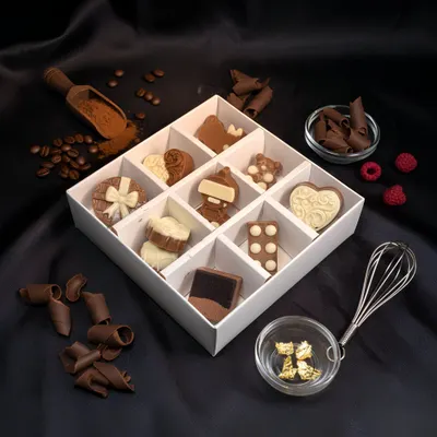 Patterned chocolates sit in a divided pale gift box in our assortment catalogue, with different shapes arranged in each section.