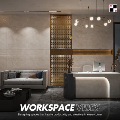This office reception is designed to inspire productivity and creativity. The space features a custom jaali partition, a modern ring chandelier, and a comfortable waiting area, creating a workspace vibe that is both professional and welcoming.