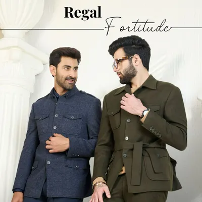 Regal Fortitude. This image showcases two of my co-ord sets, one in a deep navy and the other in a rich olive green. Both are designed for the modern gentleman who appreciates a blend of elegance and refinement.