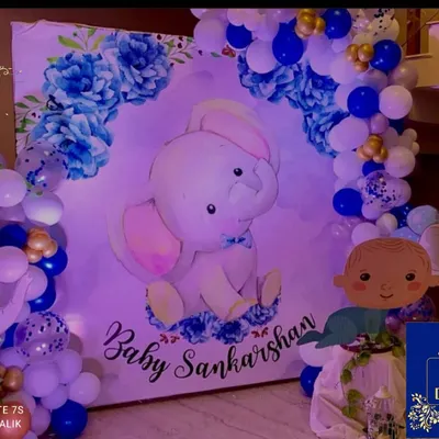This baby elephant theme is a wonderful choice for a baby shower or to welcome a newborn. I created this custom printed backdrop and framed it with a blue, white, and gold balloon arch for a complete look.
