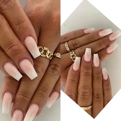 A perfect example of a baby boomer or ombre nail, blending a soft pink base into a milky white tip. This collage shows the flawless gradient on long, coffin-shaped extensions.