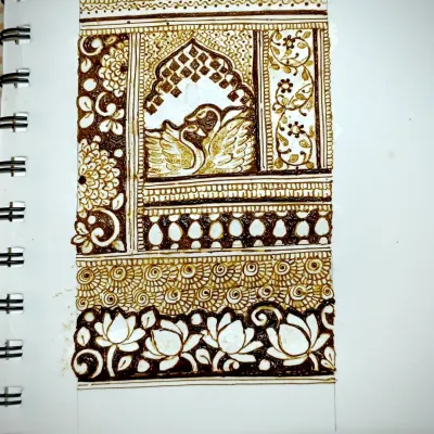 A complete sketch for a traditional bridal mehendi band. This design combines classic elements like swans, architectural arches, and lotus flowers to create a rich and meaningful piece of art.