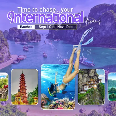 It's time to chase your international dreams. This collage gives you a sneak peek into the incredible experiences waiting for you across our destinations, from snorkeling in clear waters to exploring ancient temples.