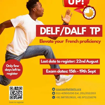 Don't miss your chance to get officially certified in French. This poster announces the registration deadline and exam dates for the DELF/DALF Tout Public (TP) session. Scan the QR code to register before all the spots are filled.