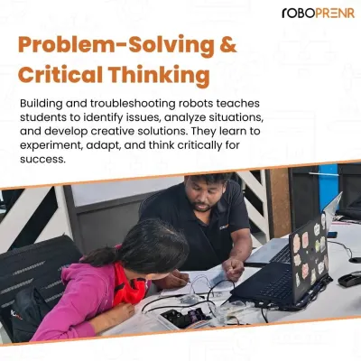 Problem-solving is a skill learned by doing. Here, a student works closely with an instructor to troubleshoot a robotics project. This process teaches them to identify issues, analyze situations, and develop creative solutions through experimentation.