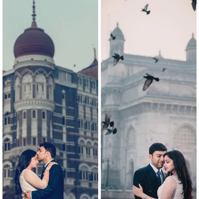 A diptych showcasing two classic Mumbai pre-wedding portraits: a tender moment before the Taj Mahal Palace Hotel and an embrace with the Gateway of India and its famous pigeons.