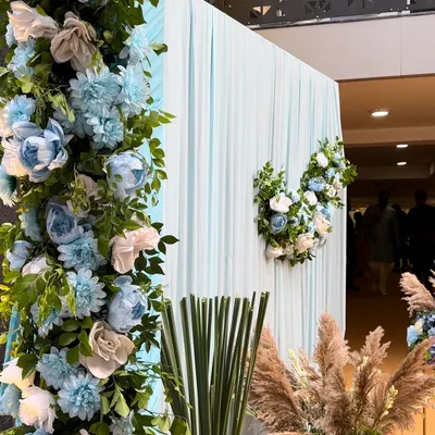 A serene and beautiful setup for a Sai Sandhya. The decor features a calming blue and white color palette, with a floral arch and backdrop creating a peaceful atmosphere for devotion.