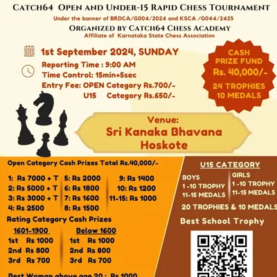 An example of our detailed tournament poster for the Catch64 Open and Under-15 Rapid Chess Tournament. It clearly outlines the cash prize fund, trophy counts, rating categories, and venue, ensuring all potential participants have the information they need.