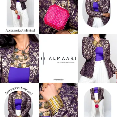 Accessories are everything. This collage shows how you can use my rental jewelry, bags, and bangles to completely transform a simple blazer and top.