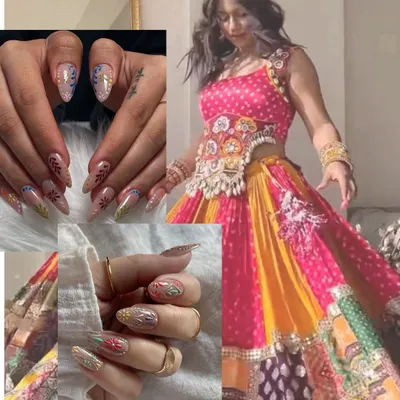 We love creating nail art that perfectly matches your festive wear. This Navratri look features intricate, multi-colored glitter and leaf patterns to complement a vibrant and colorful lehenga.