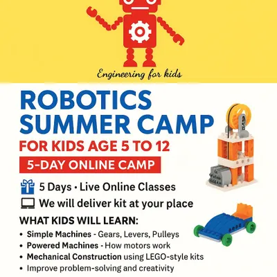 An overview of our 5-day online robotics summer camp. We deliver a free robotics kit to each child's home so they can learn about simple machines, motors, and mechanical construction through live online classes.