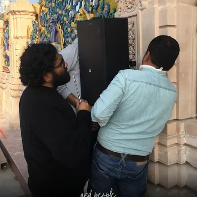 Here is our co-founder, Denny Jose, on-site during the installation at a temple in Barsana. Every project is a hands-on process for us, ensuring each component is perfectly placed and calibrated to deliver divine sound. This is where our passion for sound design meets meticulous execution.