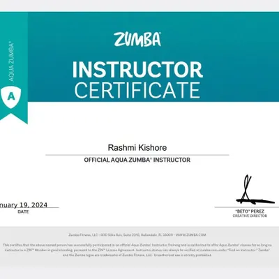 This certificate represents my commitment to providing the highest quality instruction. As a licensed Aqua Zumba instructor, I bring you a fitness program that is both fun and founded on professional training.