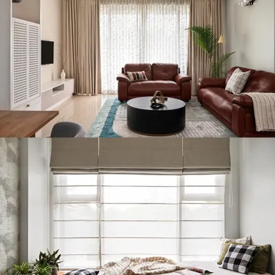 This collage shows two key areas of a family home: a cozy living room with a leather sofa and a comfortable window seat perfect for reading. The design focuses on creating multiple zones for relaxation and family time.