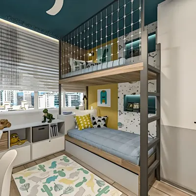 This fun kids' room features a loft bed with a safety net, freeing up floor space for a study area and storage underneath.