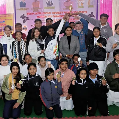 A proud moment for the academy. Our girls' team won the first-place team trophy at the Delhi Inter-School Women's Flying Kick Sports Martial Art Championship.