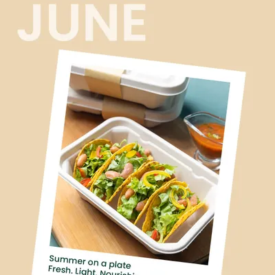 Our June menu is all about summer on a plate: fresh, light, and nourishing. This image showcases our delicious and healthy tacos, a perfect on-the-go snack for the season.