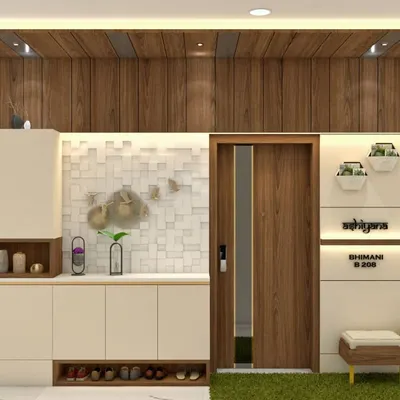 A complete entryway solution designed to be both welcoming and practical. It includes a shoe cabinet with seating, a custom nameplate, and a feature wall with 3D tiles, all framed by a wooden ceiling panel.