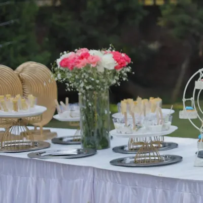 A beautiful outdoor setup for a baby shower. The table is adorned with fresh flowers and a variety of light and elegant canapés, creating a perfect atmosphere for the celebration.