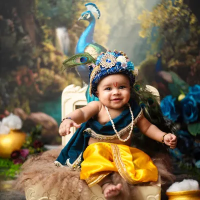 A playful smile from our little Krishna, seated on his throne with a peacock by his side. This Janmashtami setup is full of vibrant detail.