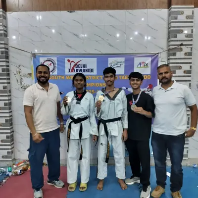 Our medalists from the South West District Taekwondo Championship, a key selection event for the Delhi State tournament.