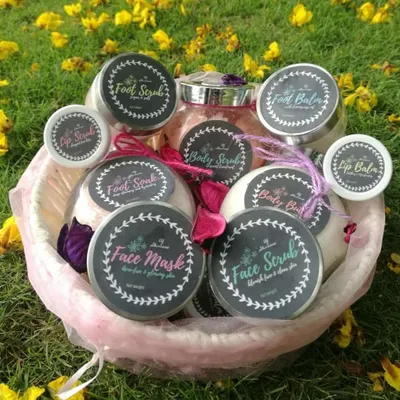 A beautiful basket filled with my entire skincare range. It includes products for your face, lips, body, and feet, all designed to help you heal from the roots.