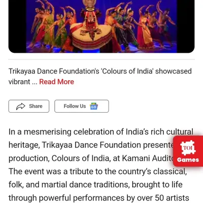 A feature in the Times of India on our production, 'Colours of India'. The article highlights how our foundation showcased a mesmerizing celebration of India's rich cultural heritage.