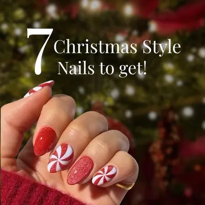 Get inspired for the holidays with this candy cane design, featuring sparkling red glitter and peppermint swirl accent nails.