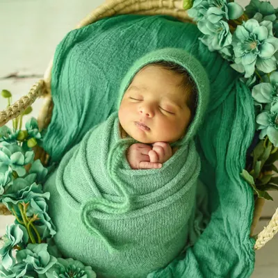 Perfectly posed with tiny hands tucked under the chin. This baby is swaddled in a lovely green wrap, surrounded by matching flowers for a cohesive and artistic newborn portrait.