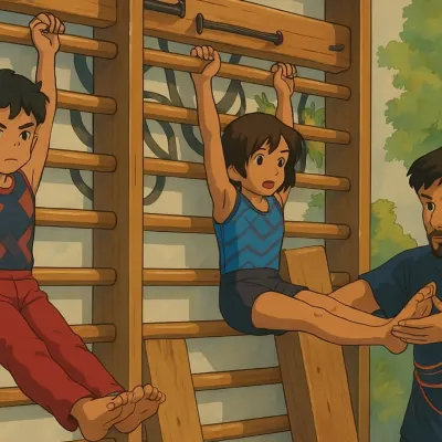 This Ghibli-inspired artwork beautifully captures a moment of strength and guidance on the wall bars. We believe every movement in gymnastics is a form of art.