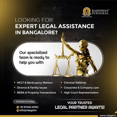 We offer expert legal assistance across a range of practice areas in Bangalore. This graphic lists our specializations, including NCLT, criminal defense, and High Court representation, positioning us as a trusted legal partner.