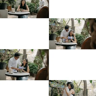 The story of how their love began in a quiet café. This collage captures the narrative, from the first glance to a surprise gift and a warm embrace.