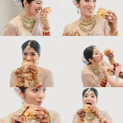 A wedding day is long, and sometimes a bride just needs a burger! This fun and relatable collage captures the bride taking a moment to refuel, showing a real and humorous side to the big day.