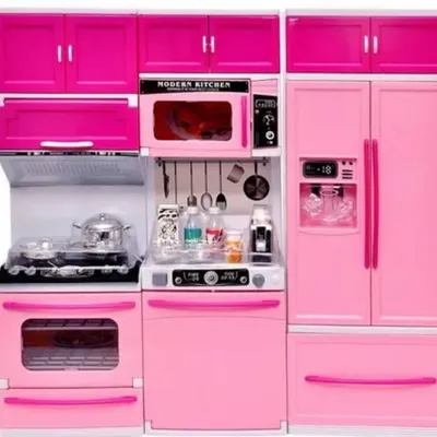 This modern kitchen playset is perfect for pretend play. It's a detailed miniature set with a pink refrigerator, oven, microwave, and stove for hours of imaginative fun.