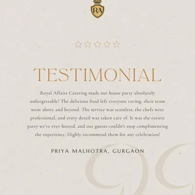 We were thrilled to receive this testimonial from Priya Malhotra in Gurgaon, who called her house party "the easiest party we've ever hosted." We love hearing that our seamless service and delicious food made her event unforgettable.